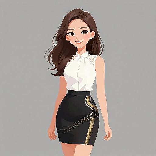 Digital illustration of a smiling woman with long brown hair, wearing a white lace sleeveless blouse and a black skirt with gold accents, standing against a plain