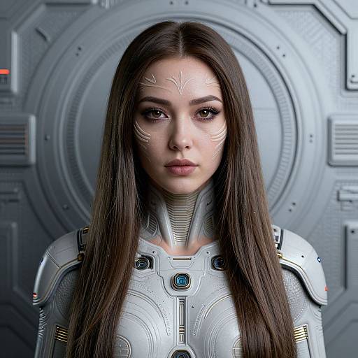 CGI photograph of a fair-skinned woman with long brown hair, wearing futuristic silver armor with intricate designs, set against a metallic, circular-patterned