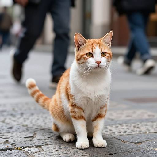 Photograph of an orange and white tabby cat with green eyes walking on a cobblestone street, blurred pedestrians in the background.