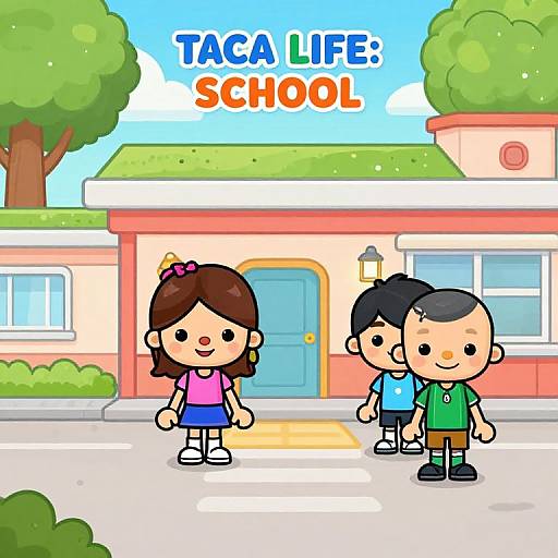 Cartoon image of two children, one girl with brown hair and pink bow, one boy with black hair, standing in front of a colorful school building