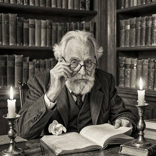 Wise Old Librarian in Vintage Library