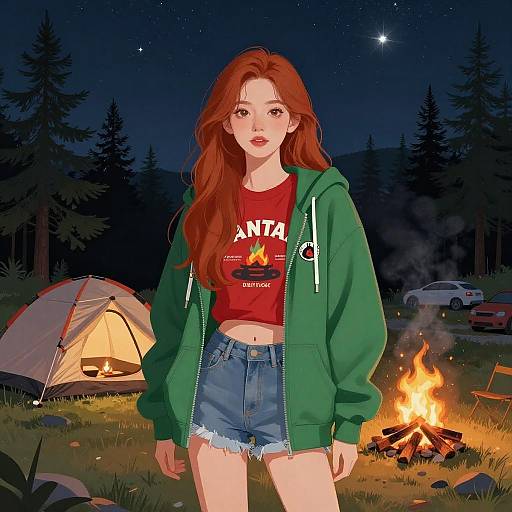 Nighttime Camping Scene with Young Woman