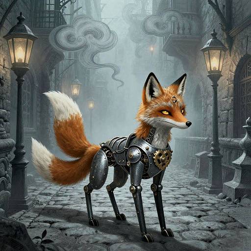 Digital art of a cybernetic fox with glowing orange eyes and robotic limbs, standing on a misty, cobblestone street with vintage street lamps
