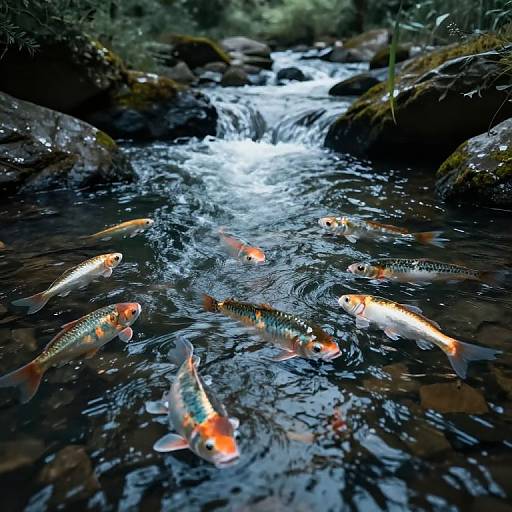 Photograph of colorful koi fish swimming in a clear, flowing stream with a small waterfall, surrounded by moss-covered rocks and greenery.
