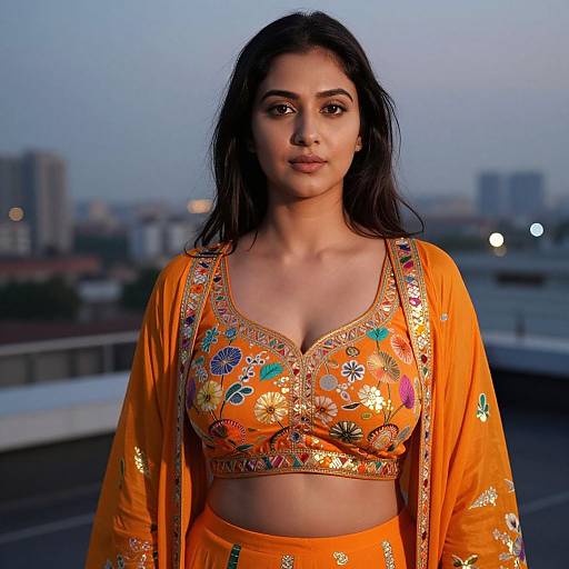 Photograph of a South Asian woman with long black hair, wearing an orange floral embroidered crop top and matching long cardigan, standing on a rooftop at