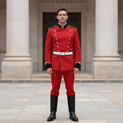 Photograph of a serious man in a bright red military uniform with black pants and boots, white belt, standing in front of tall white columns.