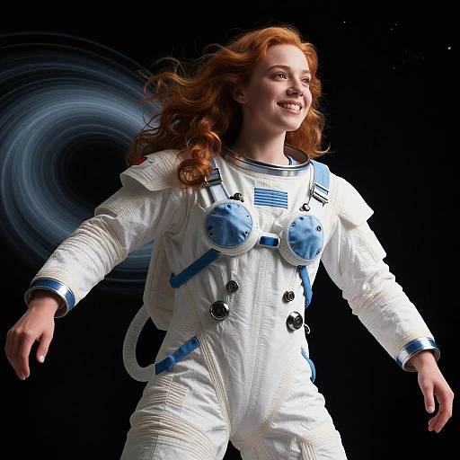 Photograph of a smiling, red-haired woman in a white astronaut suit with blue accents, floating against a black space background with a swirling galaxy pattern.