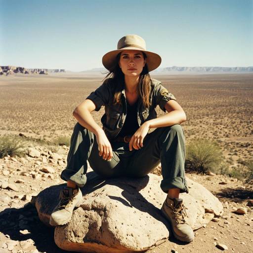 Female Explorer Sitting on Rock in Desert