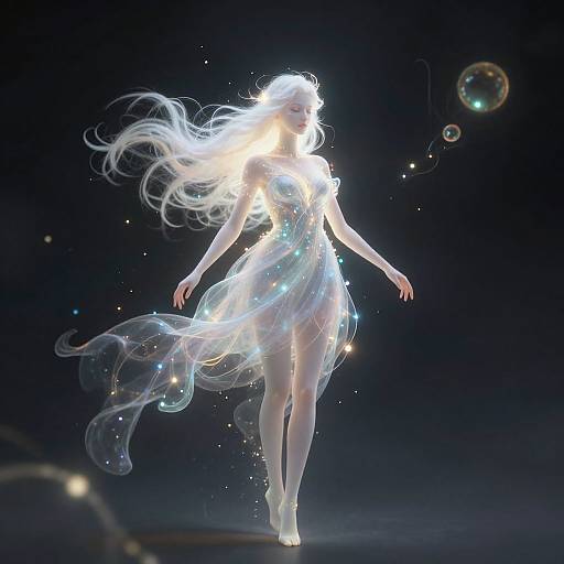 Digital art of a glowing, ethereal white-haired woman with flowing translucent dress, surrounded by sparkling lights and bubbles, floating against a dark background.