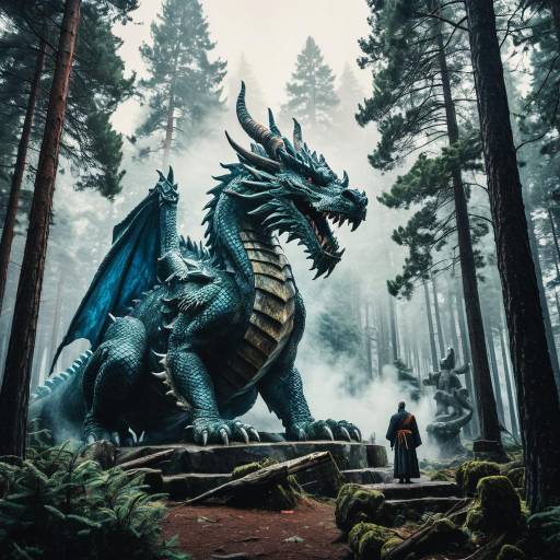 Ancient Dragon Statue in Misty Forest