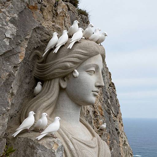 Photograph of a stone statue with long hair, profile facing right, adorned with white seagulls perched on head and shoulders, against a rocky