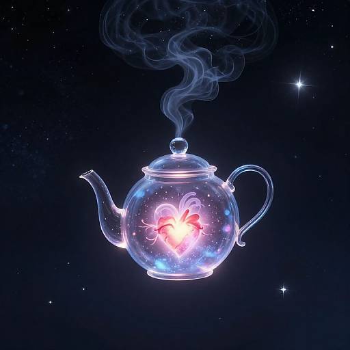 Glowing, transparent teapot with a neon pink and blue fish, emitting blue smoke, floats in a starry night sky. Digital art.