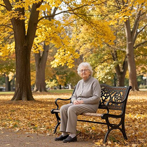 Photograph of an elderly white woman with short white hair, wearing glasses, gray sweater, and beige pants, sitting on a black ornate bench in