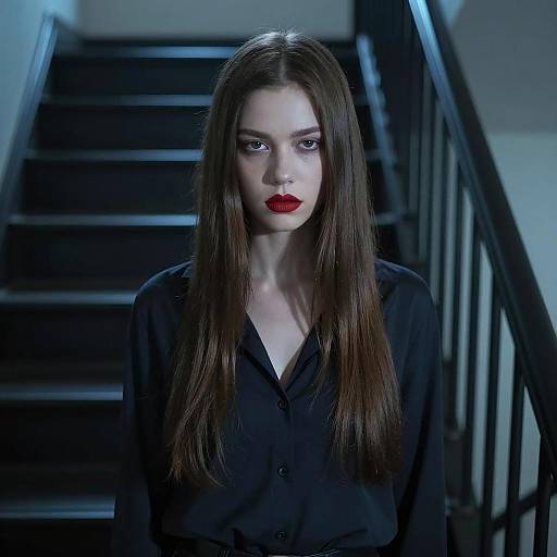 Woman with Red Lipstick on Dark Staircase