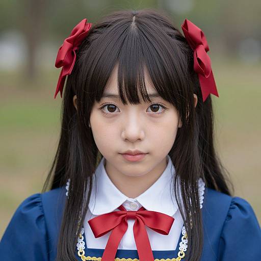 Photograph of an Asian girl with long black hair, red hair bows, wearing a navy blue dress with white collar and red ribbon, standing outdoors with