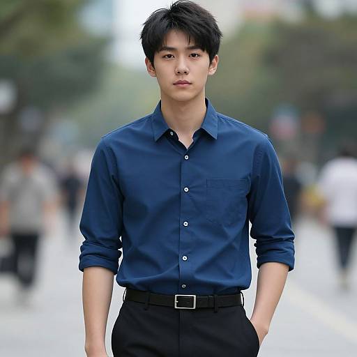Photograph of a young Asian man with black hair, wearing a blue button-up shirt and black pants, standing on a blurred, sunlit street with