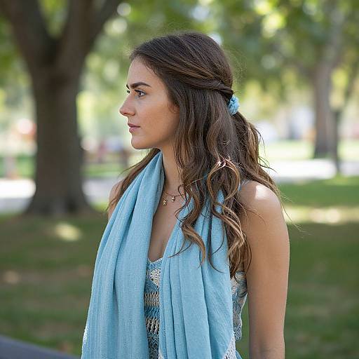 Photograph of a young woman with wavy brown hair, wearing a light blue scarf and patterned dress, standing in a sunlit park.