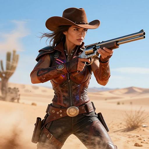 Photorealistic digital art of a fierce, dark-haired woman in a black leather cowboy outfit, aiming a revolver in a desert with cacti and