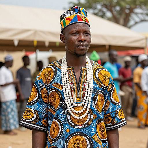Photograph of a Black African man wearing vibrant, patterned blue and yellow shirt, white beaded necklace, and colorful headwrap, standing outdoors with