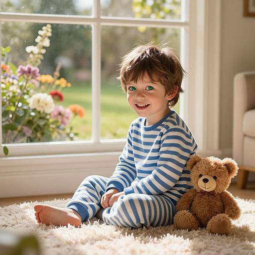Photograph of a smiling toddler with green eyes, wearing blue and white striped pajamas, sitting on a sunlit carpet, next to a brown ted