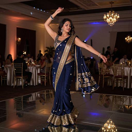 Photograph of a dark-haired woman in a navy blue, gold-embellished saree performing a dance in a dimly-lit, elegant