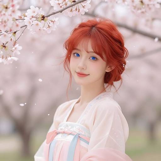 Digital painting of a beautiful Asian woman with red hair, blue eyes, and fair skin, wearing a white kimono, standing under cherry blossoms.
