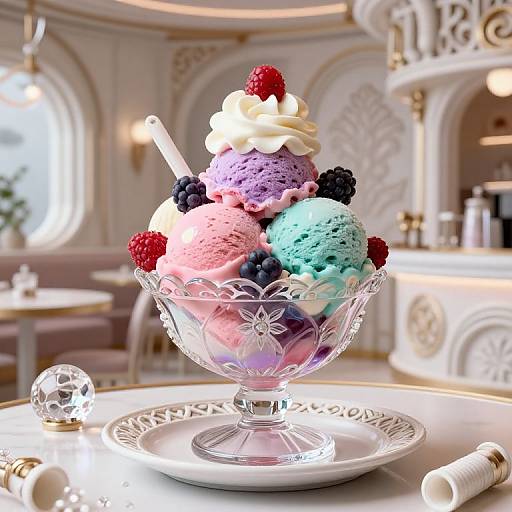 Photograph of a crystal glass bowl filled with colorful ice cream (pink, purple, blue), topped with whipped cream, raspberries, blackberries,