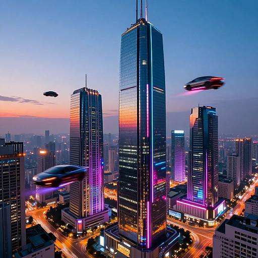 Photograph of a futuristic cityscape at dusk with neon-lit skyscrapers, flying drones, and illuminated streets against a blue-orange sky.