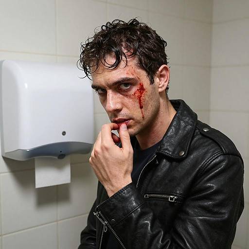 Intense Man in Tiled Bathroom Scene