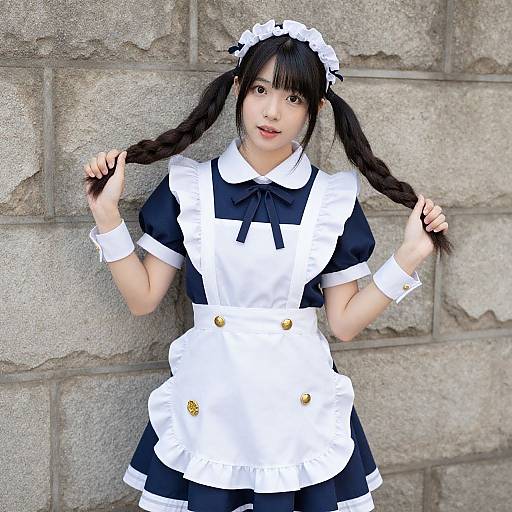 Photograph of an Asian woman with black hair in twin braids, wearing a black and white French maid outfit, holding her braids, standing against
