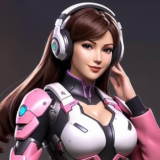 Digital illustration of D.Va from Overwatch, wearing pink and white armor with blue accents, white headphones, and long brown hair, smiling against a dark