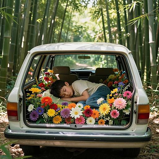 Photograph of a sleeping child with short brown hair, wearing a white shirt and blue jeans, surrounded by colorful flowers in a white vintage car's open