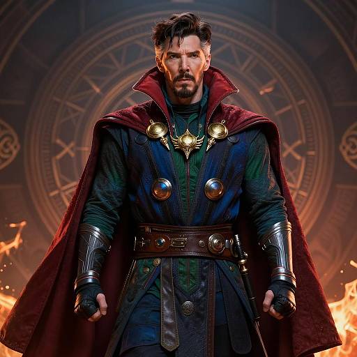 Male Superhero in Dark Green and Blue Costume with Red Cape