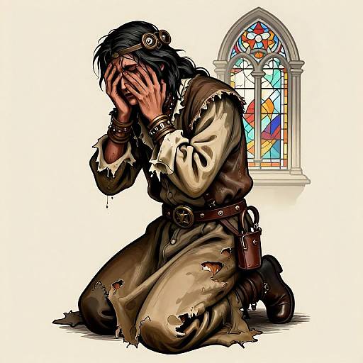 Digital illustration of a distressed, dark-haired man kneeling, covering his face with hands, wearing tattered brown clothing, with a stained-glass window in