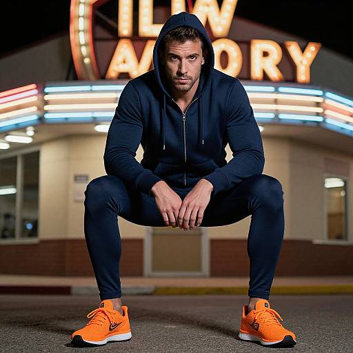 Photograph of a muscular man with short brown hair, wearing a black hoodie and pants, orange sneakers, squatting outdoors in front of a neon-l