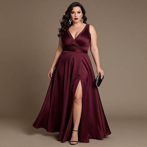 Photograph of a plus-sized woman with dark curly hair, wearing a deep burgundy, V-neck, floor-length gown with a thigh-high slit,