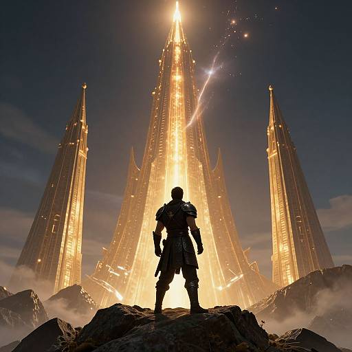 Silhouetted warrior stands on rocky terrain, gazing at towering, illuminated, futuristic skyscrapers with bright light and starburst effect in night