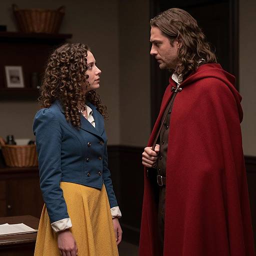 Intense Conversation Between Woman and Man in Historical Clothing