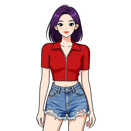 Digital anime-style drawing of a cute woman with purple hair, red ribbed crop top, and frayed denim shorts, standing against a white background.