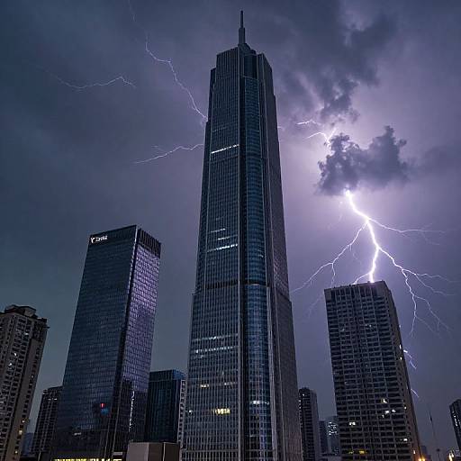 Photograph of a tall, blue-tinted skyscraper with lightning strikes illuminating the dark, stormy sky amidst surrounding office buildings.