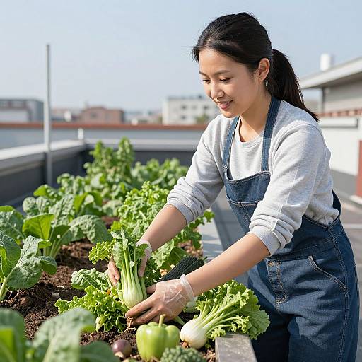 Asian woman with black hair in denim overalls, white shirt, and gloves, tends to a rooftop garden with leafy greens and vegetables. Bright daylight