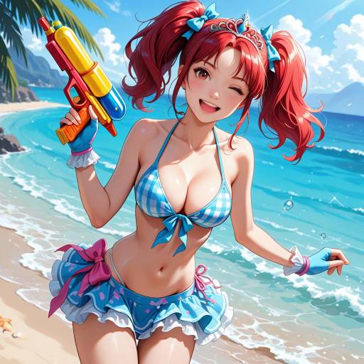Anime Girl with Water Gun on Beach