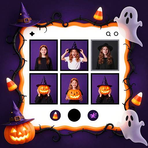Halloween-themed collage with six photos of women in witch hats and black outfits, holding carved jack-o'-lanterns, surrounded by glowing candy corn
