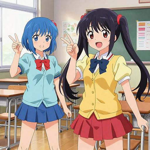 Anime-style illustration of two schoolgirls in a classroom, one with blue hair and blue uniform, the other with black hair and yellow vest, both making