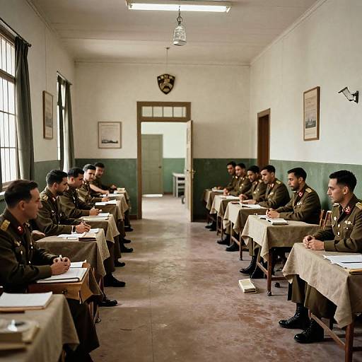 Photograph of uniformed male military officers seated in a long, narrow, white-walled room with green lower walls, discussing over tables with beige clo