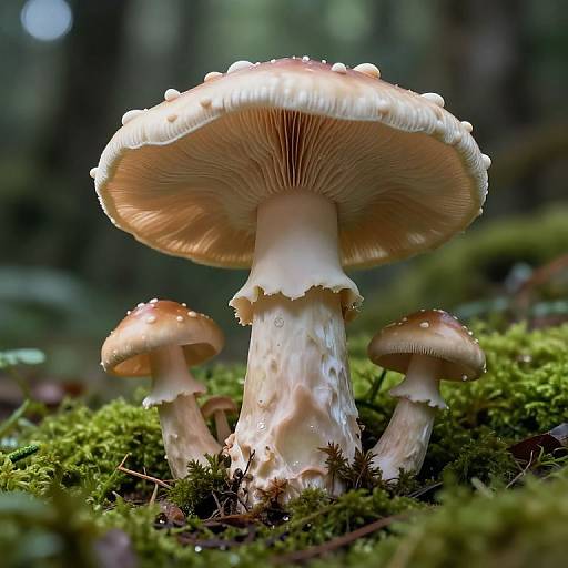 Photograph of large, glistening mushrooms with brown-spotted caps and white, textured stems standing on a lush, green mossy forest floor.