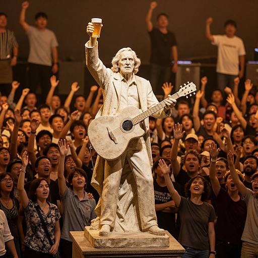 Photograph of a golden statue of a bearded man with long hair, holding a guitar and beer, standing on a pedestal, surrounded by a cheering