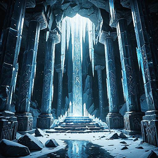 Ancient Ice Cavern with Rune-Inscribed Marble Pillars