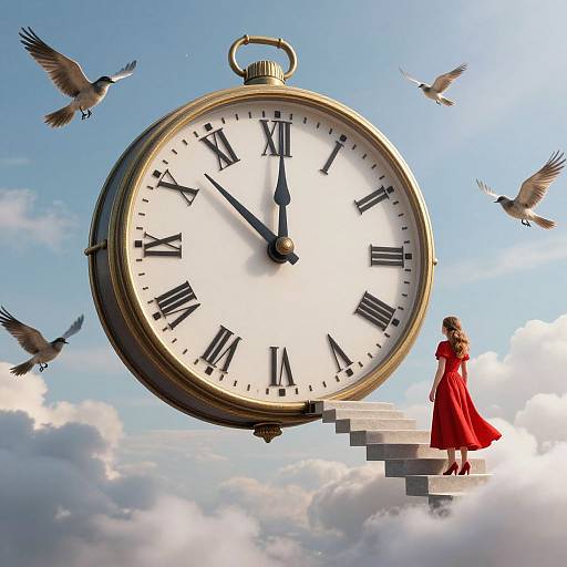 Photograph-style digital art: Giant clock with Roman numerals, blue sky, white clouds, red-dressed woman on floating staircase, surrounded by flying