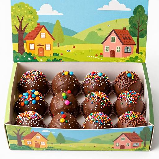 Illustration of a box of chocolate-covered donuts with colorful sprinkles, set against a bright, cartoon-style countryside background with two houses.